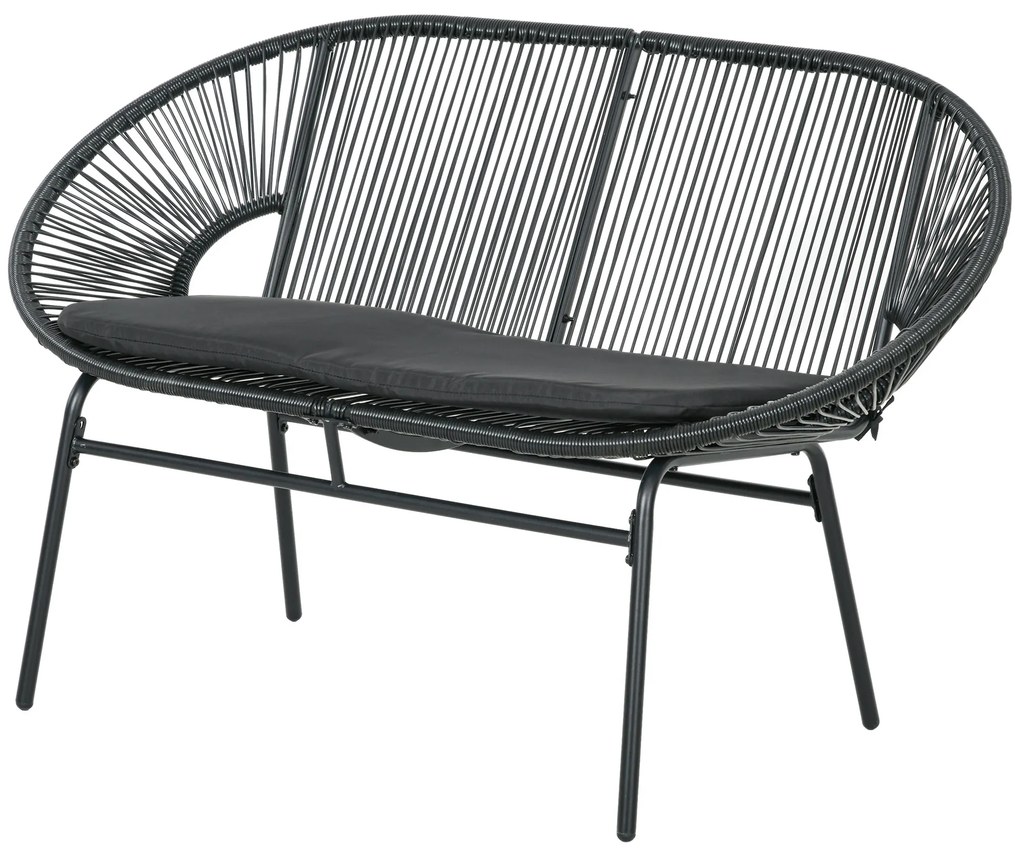 Sofá Acapulco de 2 Lugares com Apoios de Braço Almofada e Estrutura de Aço para Jardim Terraço Pátio 132x72x83 cm Preto