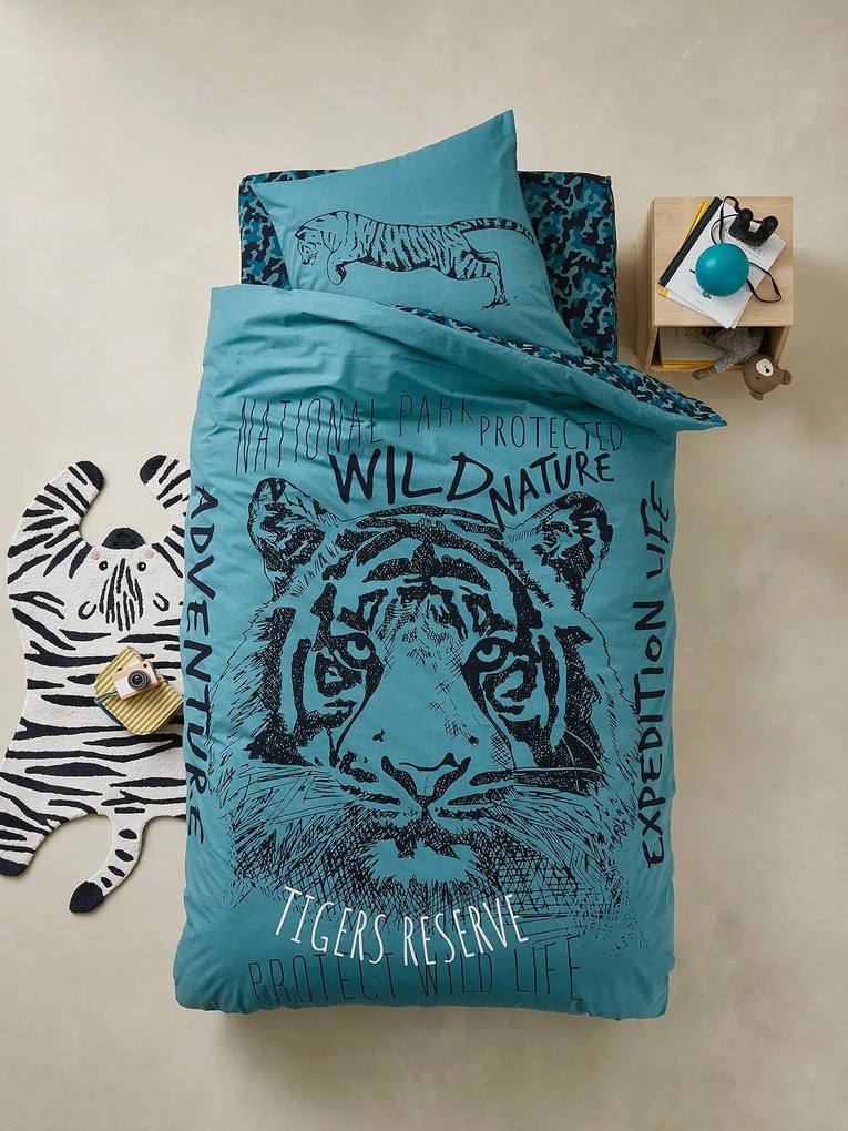 Agora -15%: Conjunto capa de edredon + fronha de almofada, Tiger azul medio liso com motivo