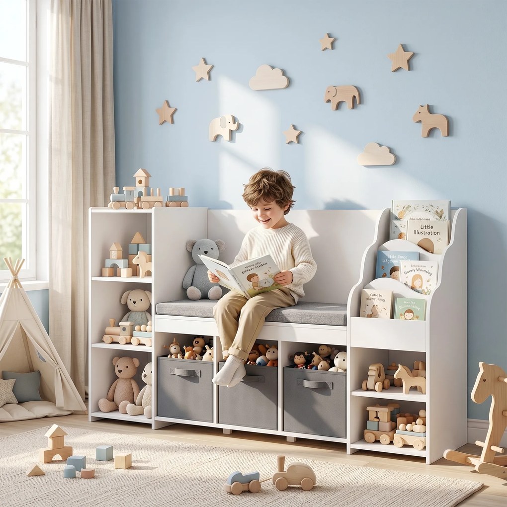 Estante Infantil para Brinquedos com Canto de Leitura Almofada 3 Gavetas de Tecido 3 Prateleiras 4 Compartimentos 137x40x80 cm Branco