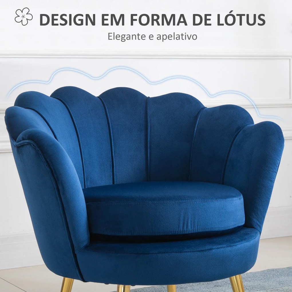 Poltrona Estofada em Veludo Poltrona para Quarto com Encosto em Forma de Concha e Pernas Douradas 76x67x74 cm Azul