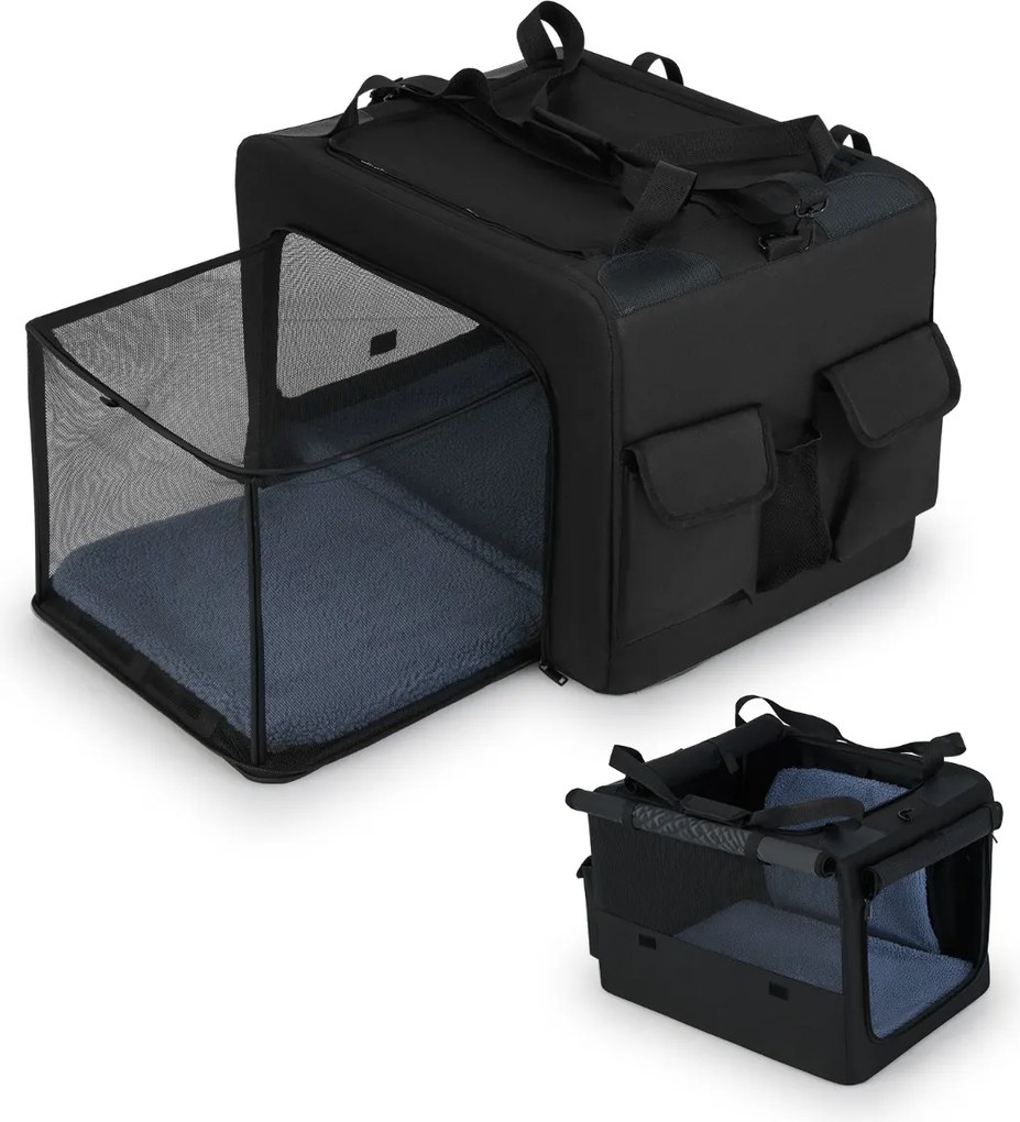 Saco de transporte dobrável e portátil Tamanho S - 80 x 65 x 42 cm para animais de estimação com 2 aberturas e janela Tapete macio Preto
