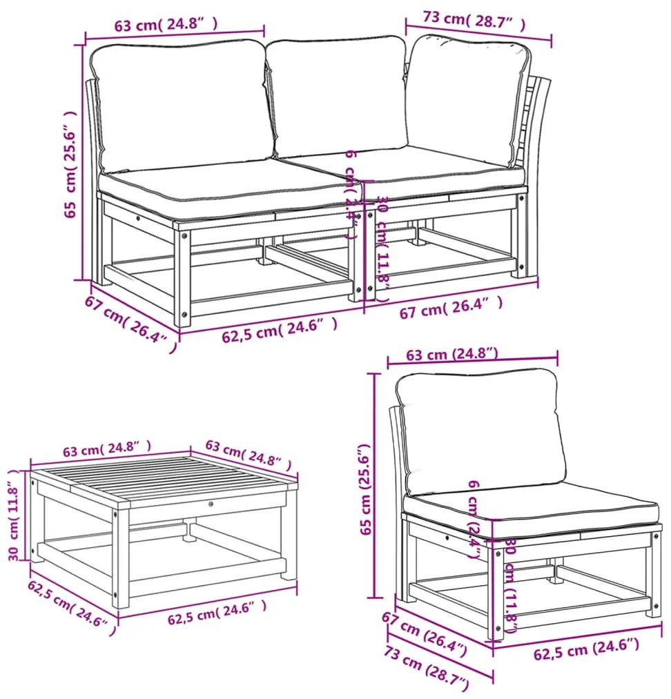 5 pcs conjunto lounge de jardim c/ almofadões acácia maciça