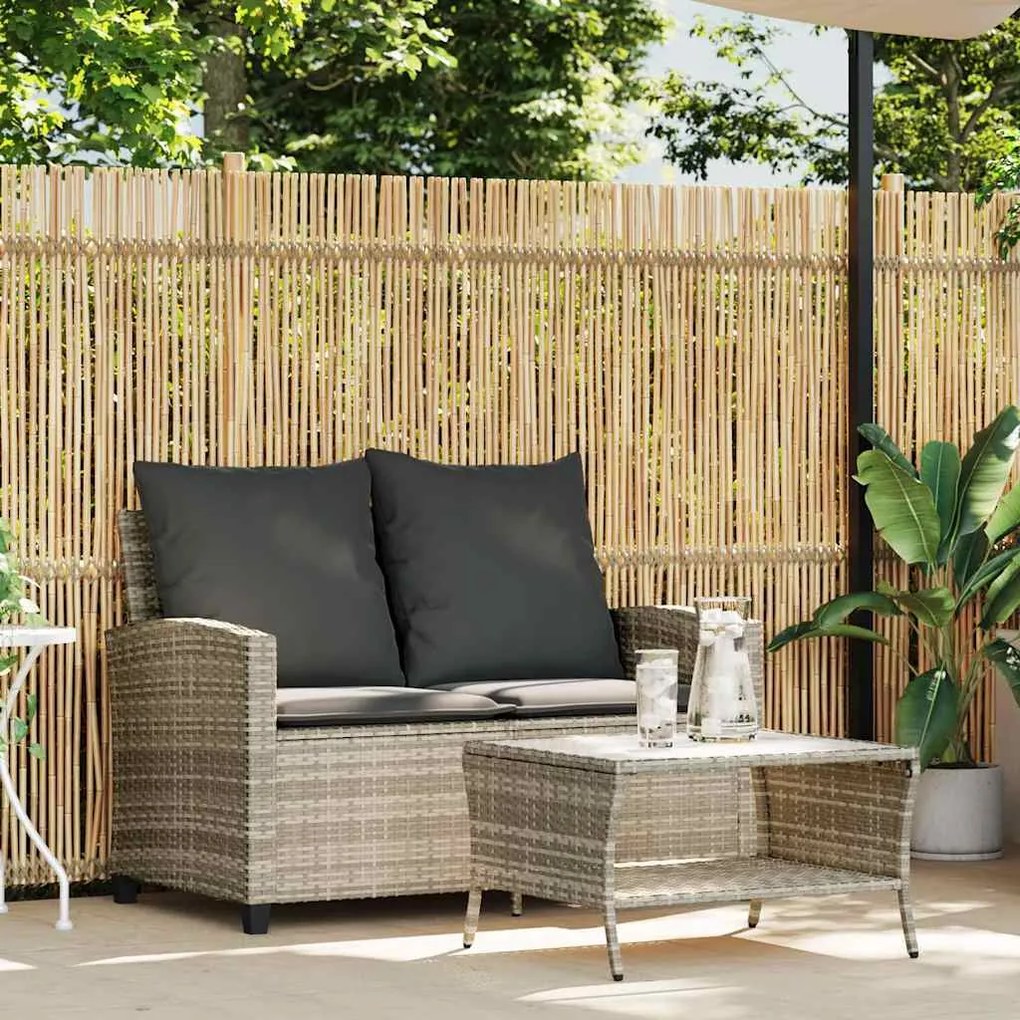 Sofá jardim c/ mesa e almofadões 2 lugares vime PE cinza claro