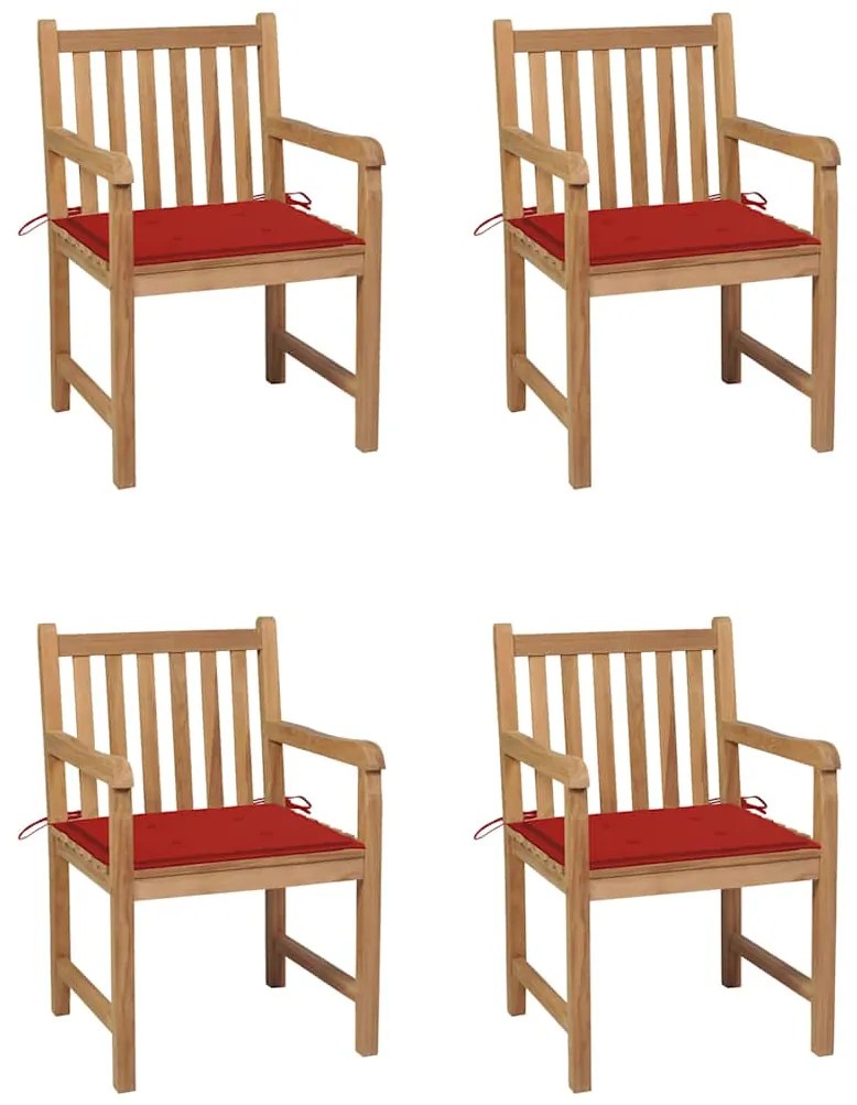 Cadeiras de jardim c/ almofadões vermelhos 4 pcs teca maciça