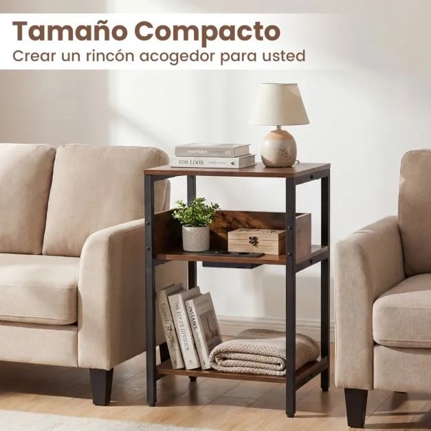 Conjunto de 2 mesas apoio, mesas cabeçeira 40 x 30 x 61 cm com estação de carregamento USB e tomadas cor café