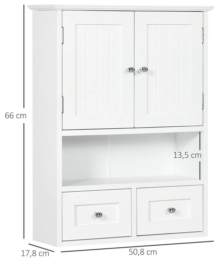 Armário de Parede para Casa de Banho com 2 Portas Prateleira Aberta e 2 Gavetas Estilo Moderno 50,8x17,8x66 cm Branco