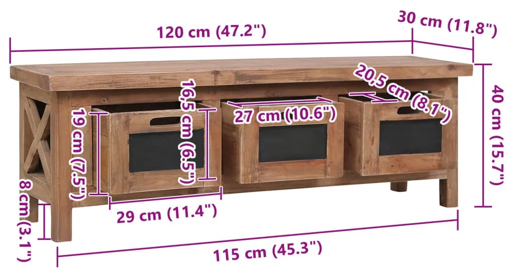 Móvel de TV com 3 gavetas 120x30x40 cm madeira de mogno maciça