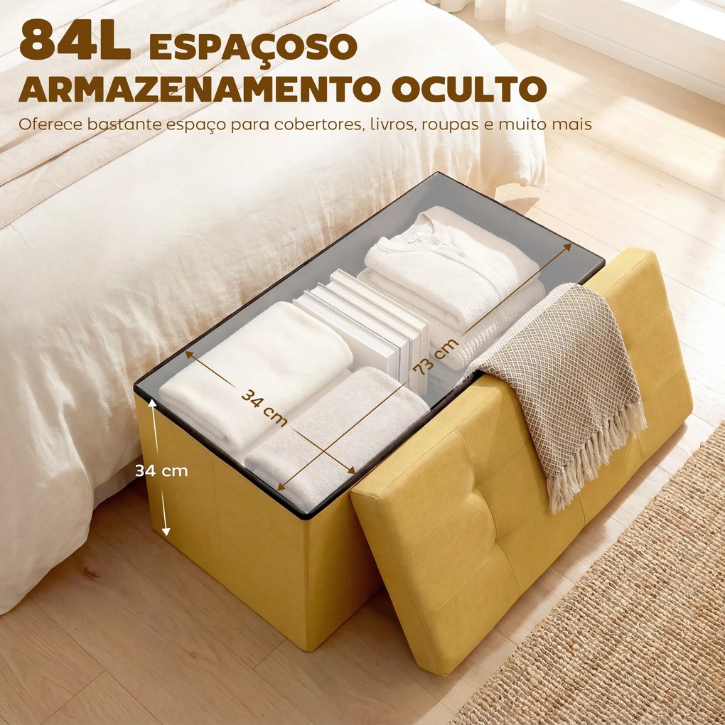 Puff de Arrumação Banco de Arrumação Dobrável 84 L 76x38x38 cm Estofado em Linho Sintético Amarelo