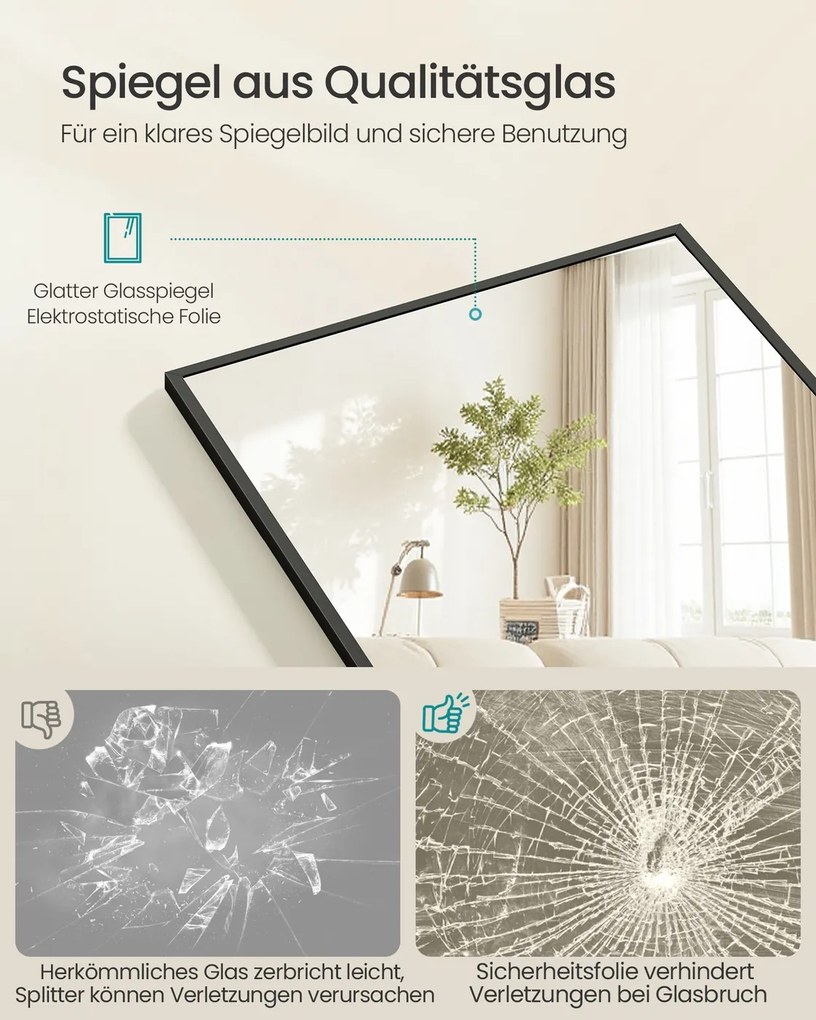 Espelho Pé retangular 160 x 50 cm de corpo inteiro com moldura resistente e Vidro temperado preto