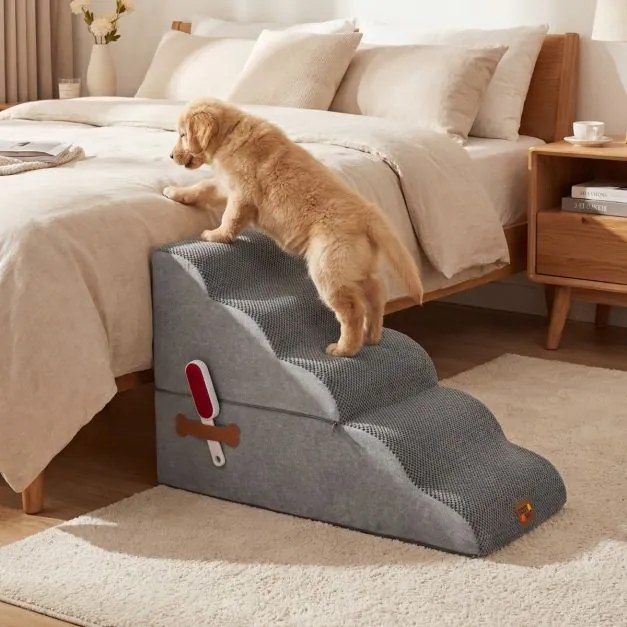Escada Espuma Animais estimação 5 Degraus 85 x 40,5 x 56 cm, Rampa Transformável Alta Densidade Base Antiderrapante Capa Lavável  Cinza