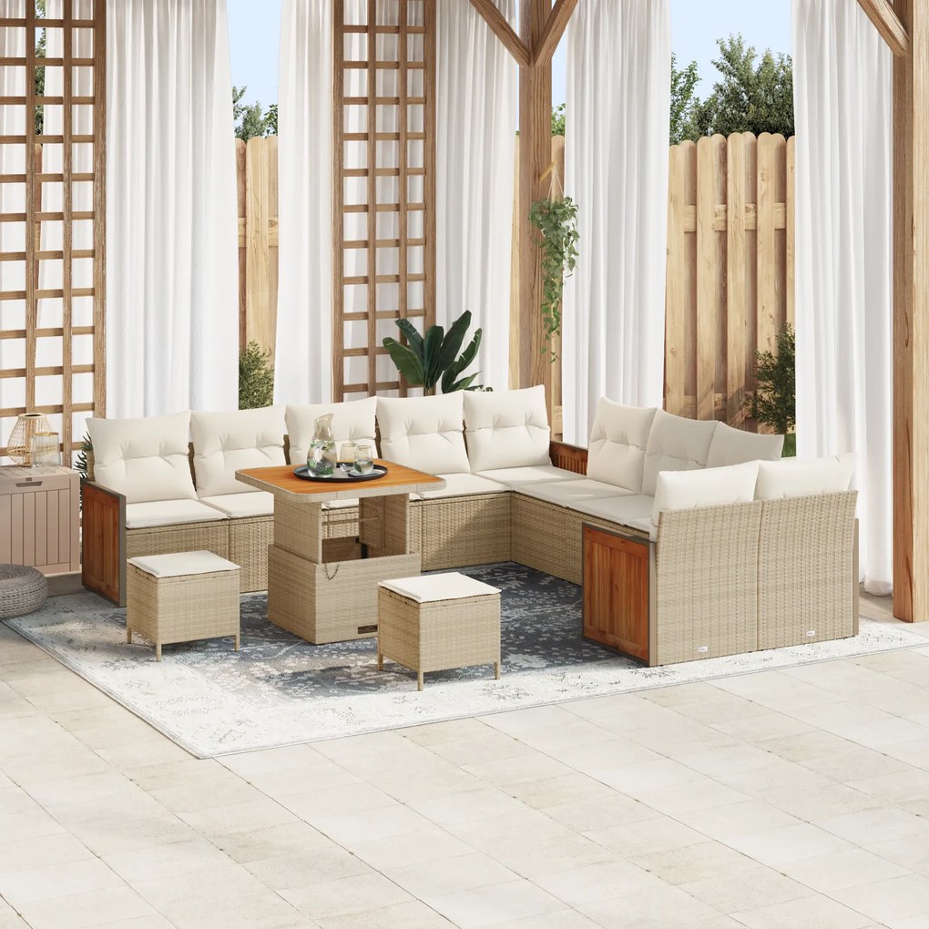 Conjunto de Sofá de Jardim vidaXL de 13 Peças com Almofadas Bege Rattan Acácia