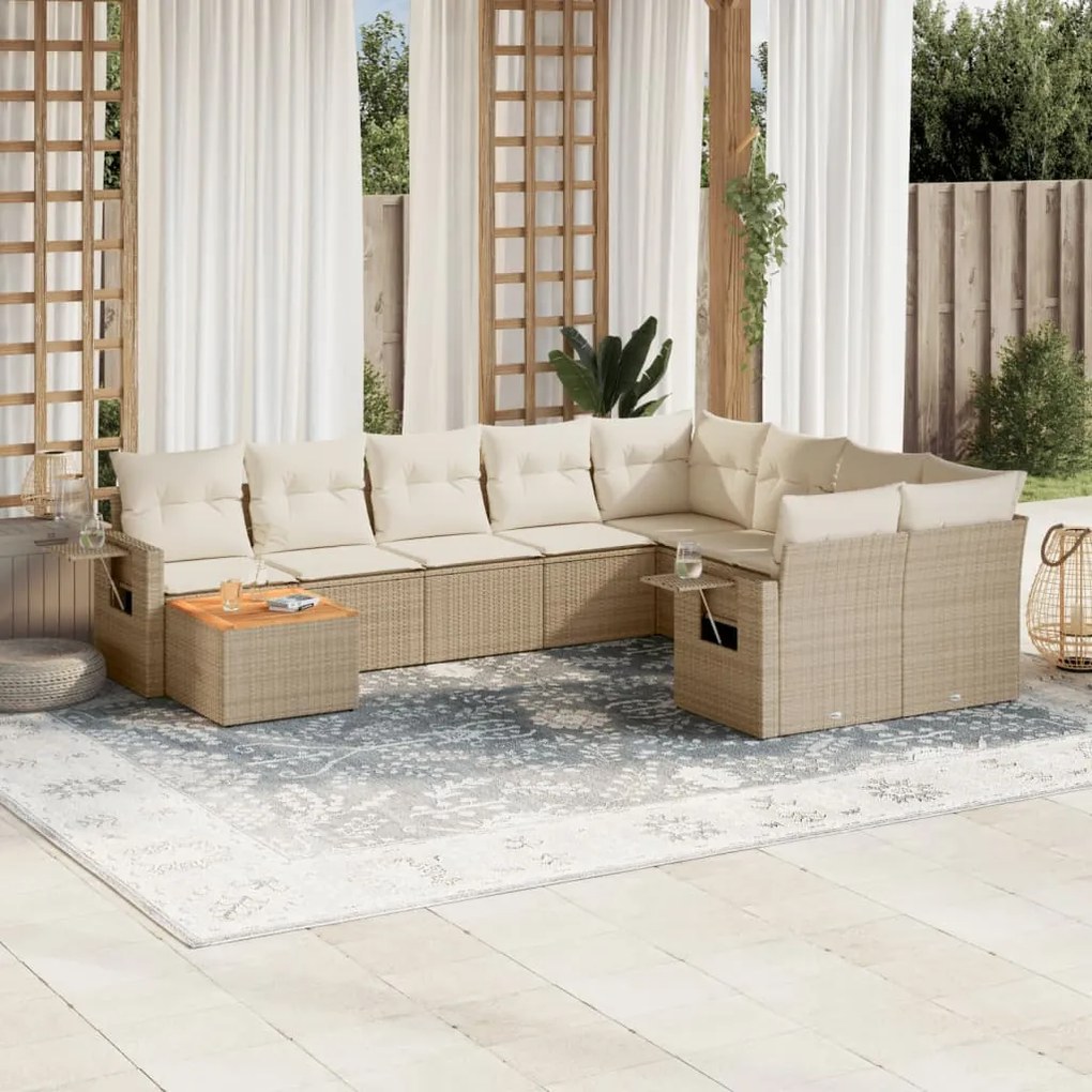 10 pcs conjunto de sofás p/ jardim com almofadões vime PE bege