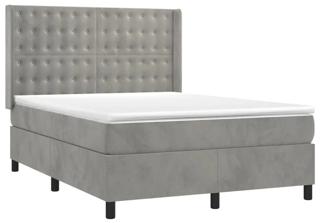 Cama box spring c/ colchão/LED 140x190 cm veludo cinzento