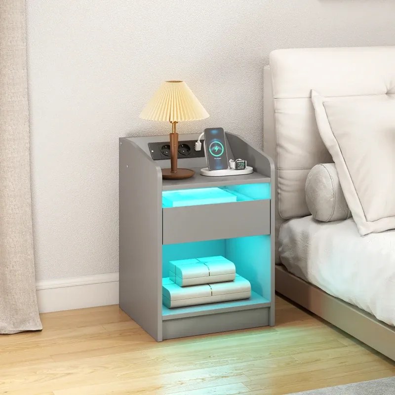 Mesa de Cabeceira com Luzes LED Gaveta 40x40x58 cm com Estação de Carregamento Entrada USB e Controlo Remoto Cinzento
