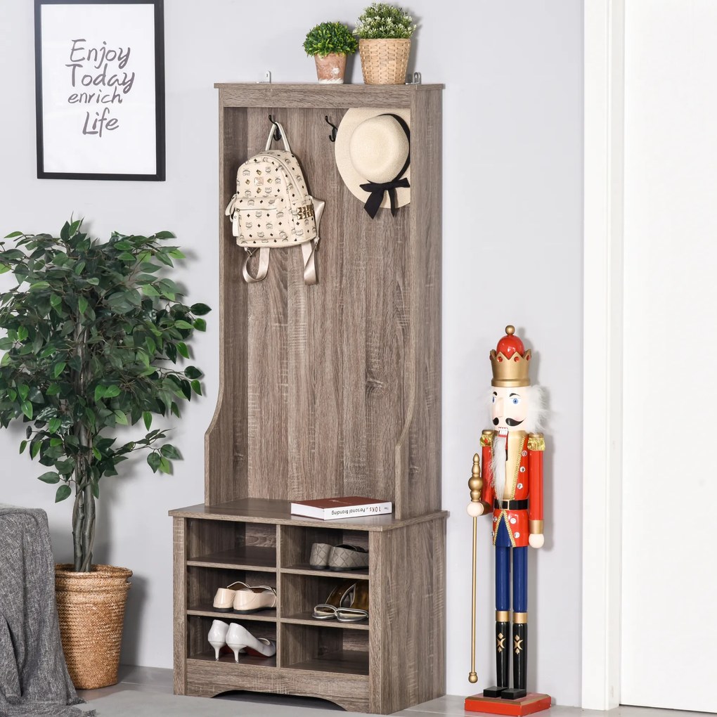 HOMCOM Móvel Cabide de Entrada com 3 Ganchos e 6 Compartimentos para Sapatos Armário de Entrada com Cabides 68,5x39,5x173cm Madeira