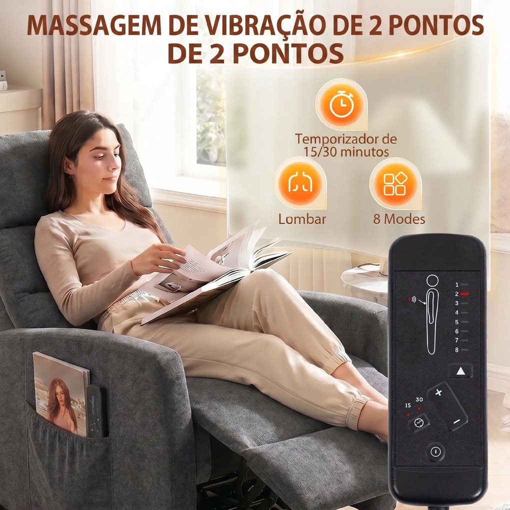 Poltrona de Massagem Reclinável com Apoio para Pés 2 Zonas de Massagem Encosto Alto Bolsos Estofada em Chenille Cinzento