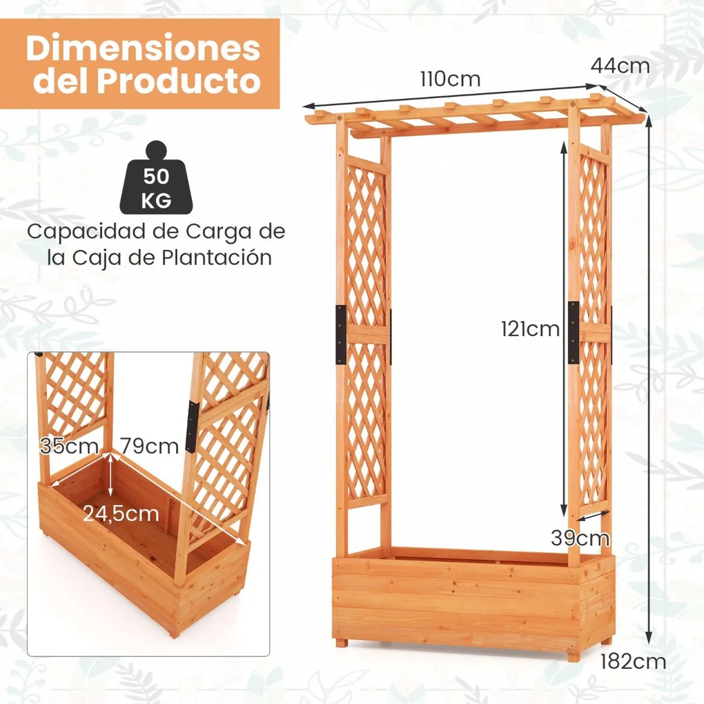 Floreira Jardim elevada de madeira com treliça em arco Floreira suspensa no teto Furo de drenagem 110 x 182 cm Laranja