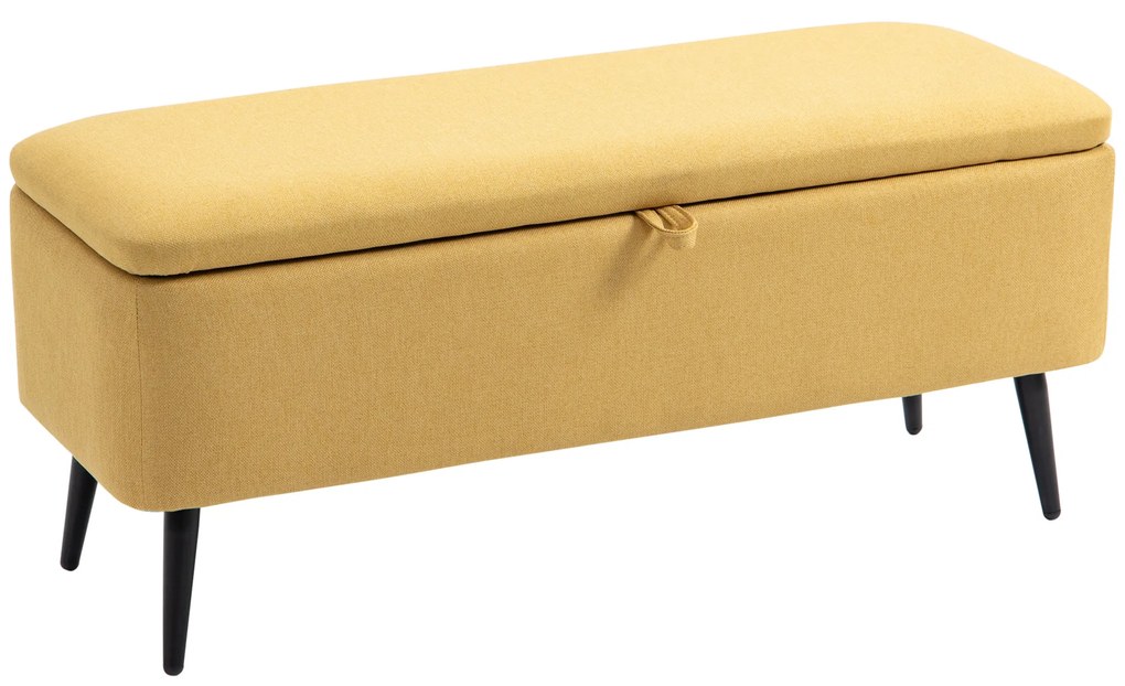 HOMCOM Banco de Armazenamento Estofado em Linho com Tampa Abatível e Pés de Aço Carga Máxima 150kg 102x40x39,5cm Amarelo | Aosom Portugal