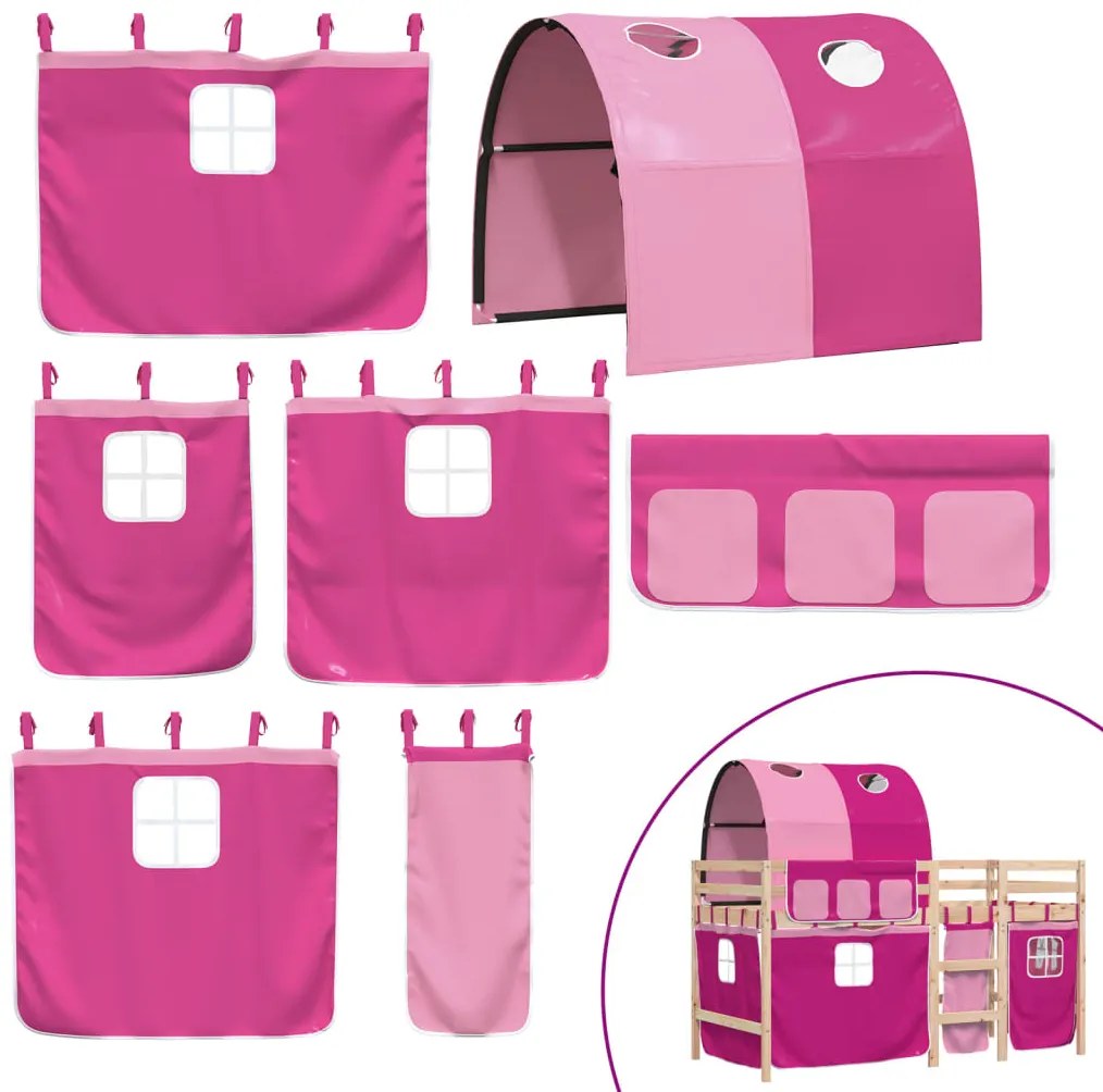 Cama alta para criança com túnel 90x200 cm pinho maciço rosa
