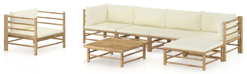 7 pcs conj. lounge p/ jardim em bambu c/ almofadões branco nata