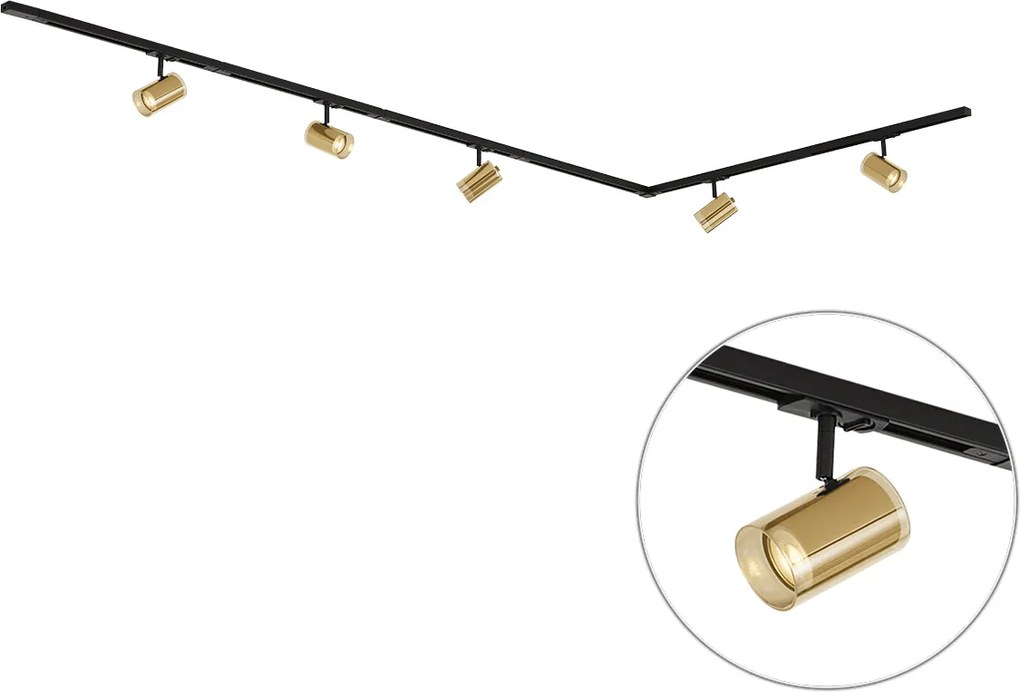 Sistema de iluminação de trilho moderno preto com 5 focos dourados 1-Fase - Iconic Lloyd