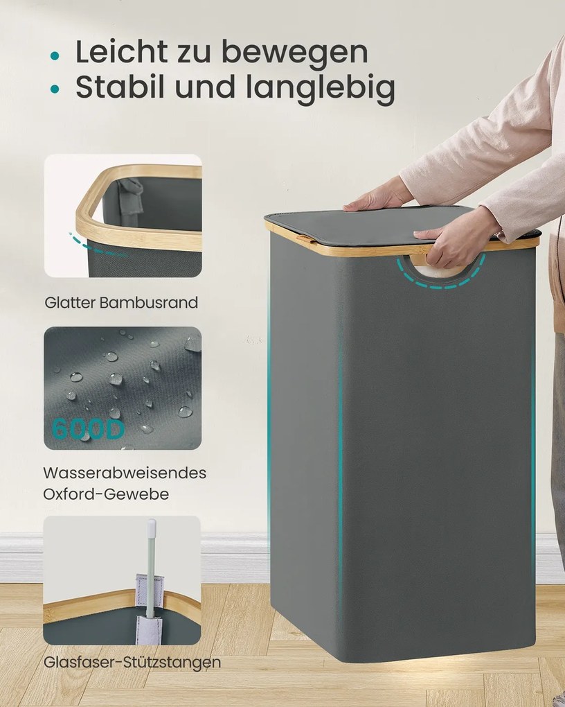 Cesto da roupa suja 52 x 38,5 x 70,5 cm com tampa, 140 litros, em tecido Oxford cinzento ardósia