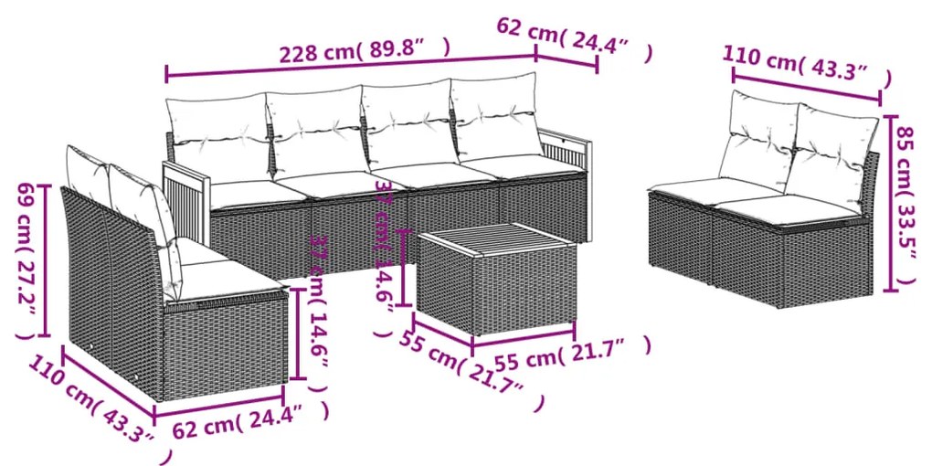9 pcs conjunto de sofás p/ jardim com almofadões vime PE bege