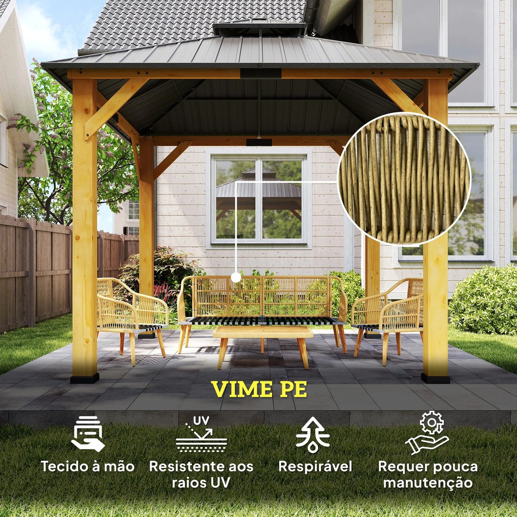 Conjunto de Jardim em Vime com Almofadas Móveis de Exterior com 2 Poltronas Sofá de 3 Lugares Mesa Creme e Madeira
