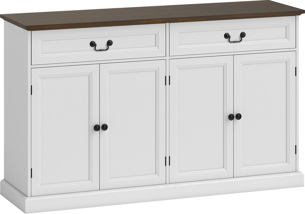 HOMCOM Aparador de sala, móvel de arrumação com 4 portas, 2 gavetas silenciosas, prateleiras reguláveis, 140x40x85cm, branco e castanho | Aosom Portugal