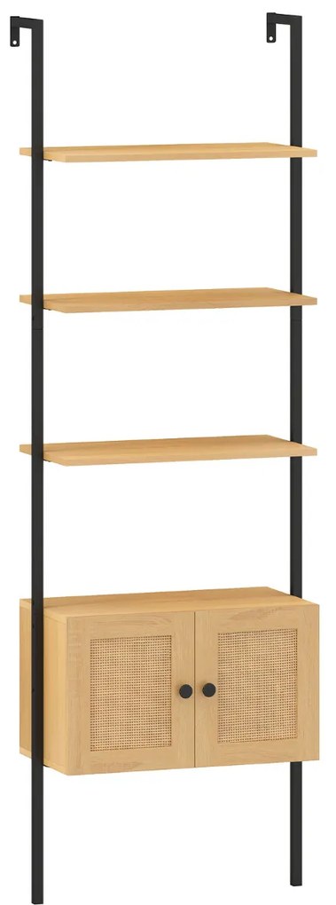 Estante em escada de 5 níveis com armário em rattan de parede alta de 184 cm Estrutura em metal Estante aberta boémia natural