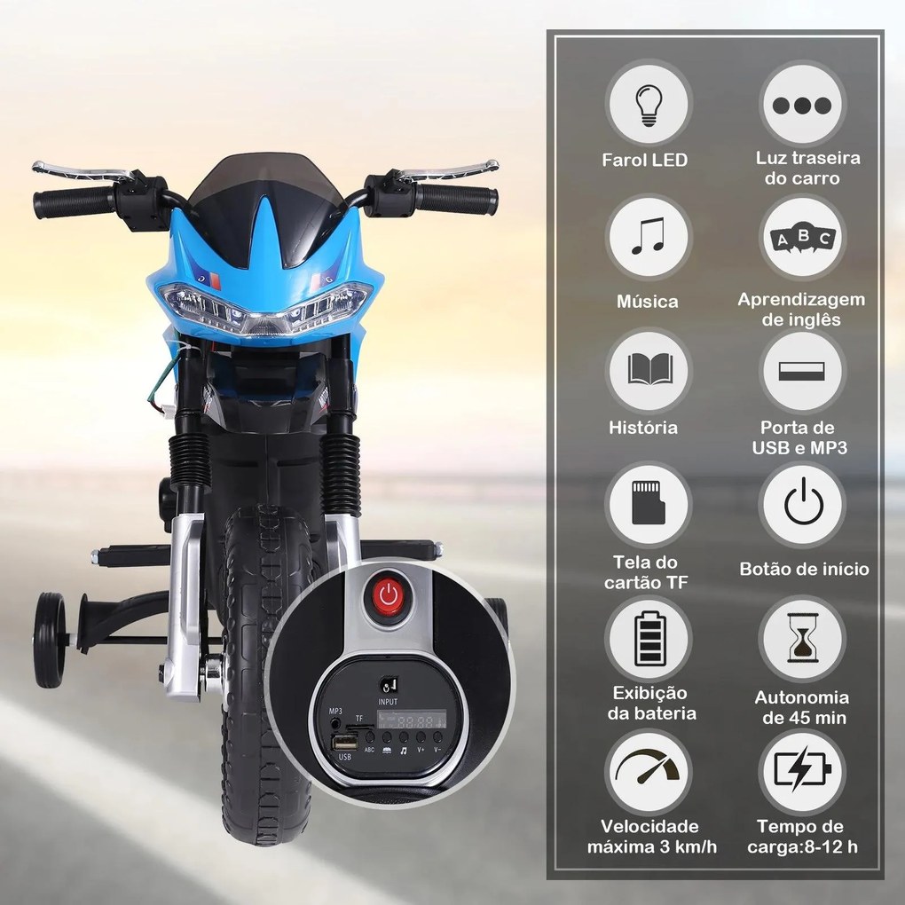 Mota Elétrica Infantil Motocicleta para Crianças acima de 3 a 5 anos Bateria 6V com Luzes e Música 105x52,3x62,3 cm Azul