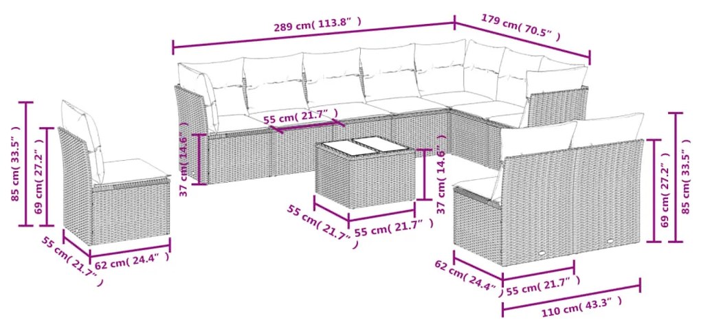 11 pcs conjunto sofás de jardim c/ almofadões vime PE cinzento