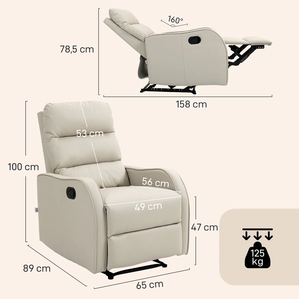 Poltrona Relax Reclinável Manual Revestida em PU com Apoio de Pés Retrátil Reclinável até 160º  65x89x100 cm Creme