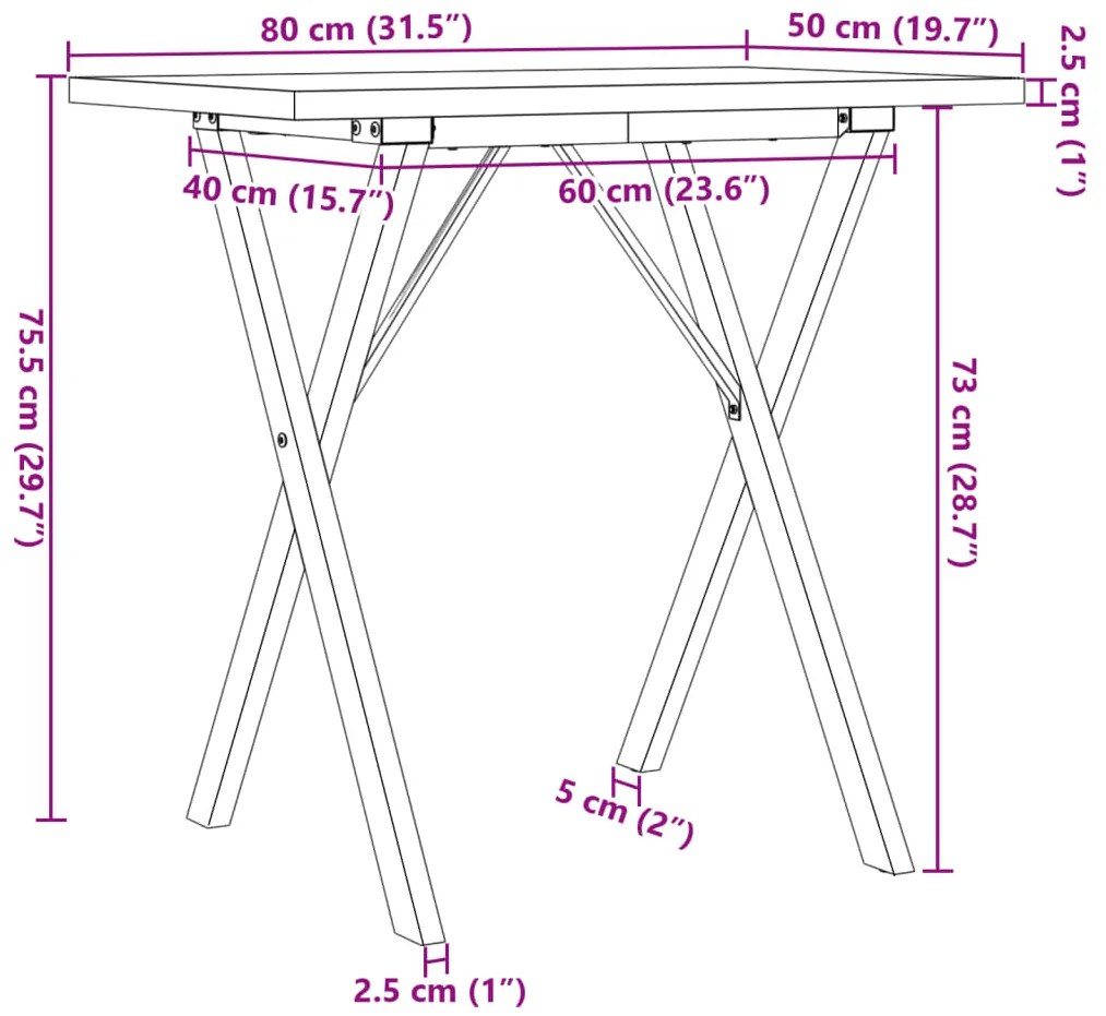 Mesa de jantar estrutura em X 80x50x75,5 cm pinho/aço