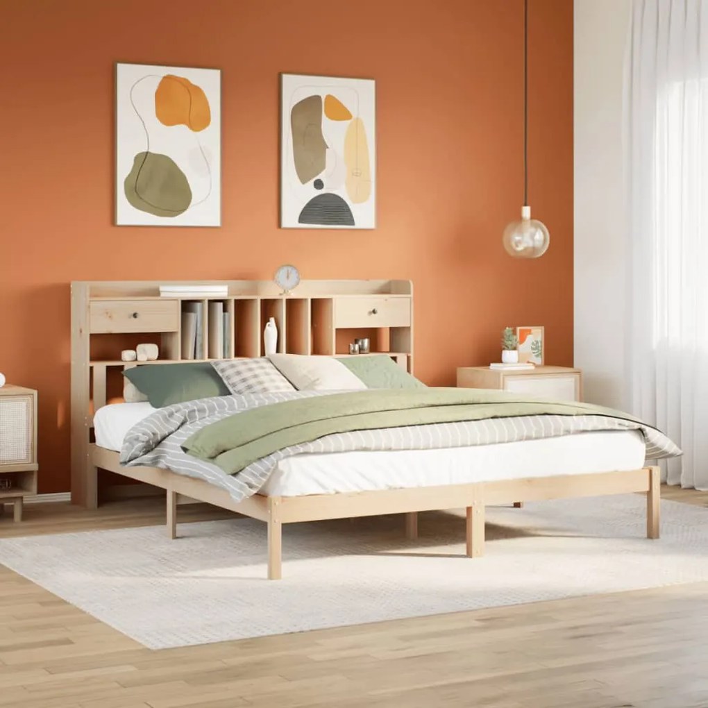 vidaXL Cama com estante sem colchão 200x200 cm pinho maciço