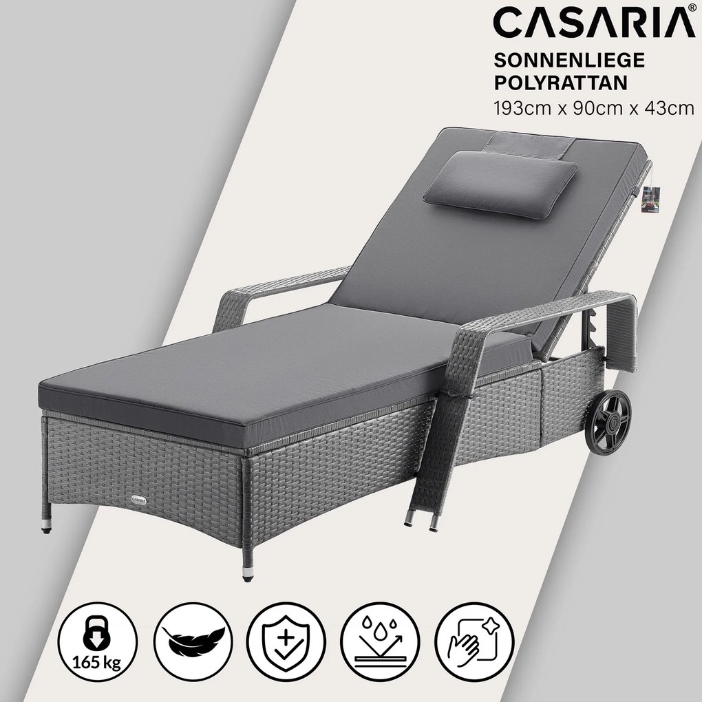 Espreguiçadeira de jardim 193x90x43cm rodas e almofadas cinzenta antracite