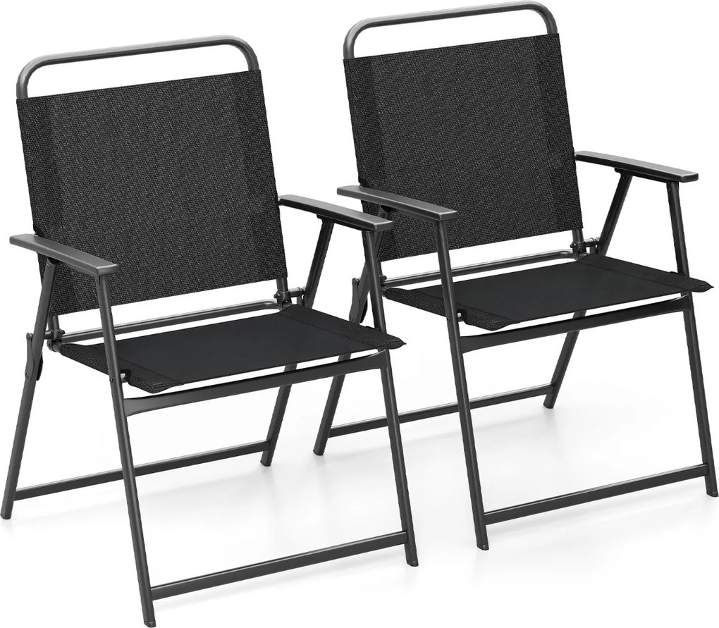 Conjunto de 2 cadeiras dobráveis com estrutura metálica, encosto e apoios para os braços, carga 150 kg, para terraço, varanda ou praia Preto