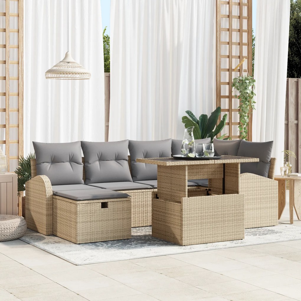Conjunto de Sofá de Jardim vidaXL de 7 Peças com Almofadas Bege Rattan
