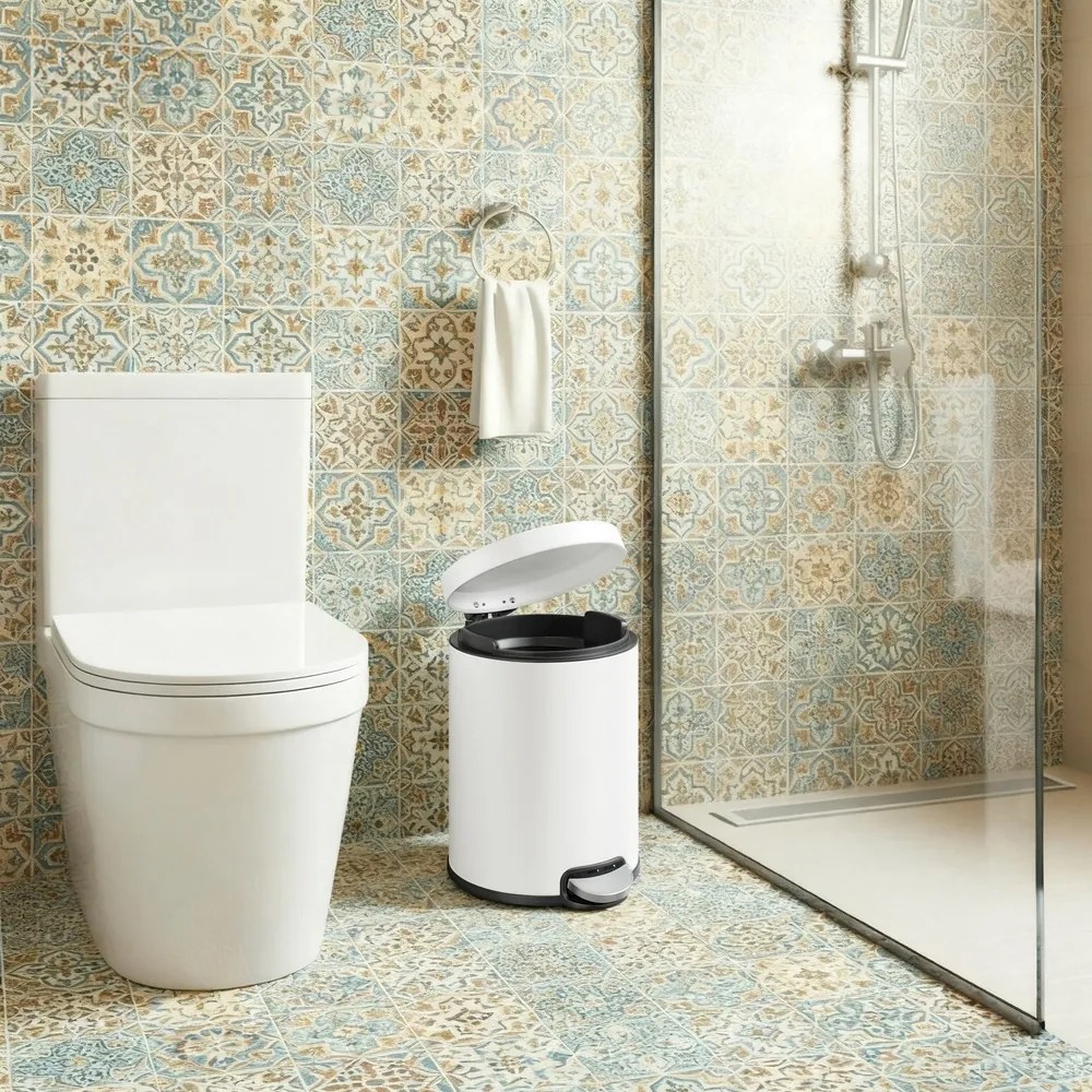 Cesto de lixo para casa de banho, cesto de lixo de 6 L para casa de banho, com tampa com fecho suave Branco