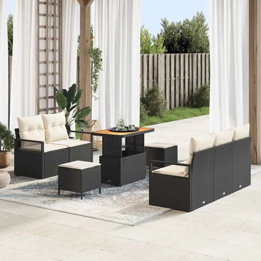 vidaXL Conjunto de Sofá de Jardim de 8 Peças com Almofadas de Rattan Preto e Acácia
