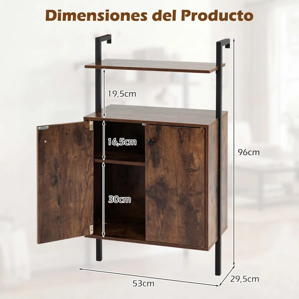 Estante de parede com 4 prateleiras 53 x 29,5 x 96 cm, portas em metal preto, painéis de madeira e puxadores pretos, Castanho Rústico + Preto