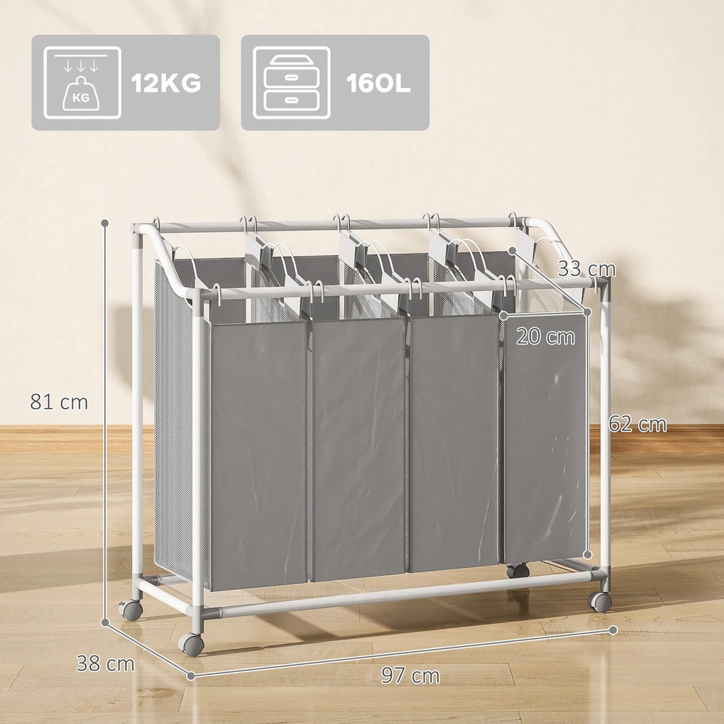 Cesto de roupa suja com rodas 4 x 40 L, 97 x 38 x 81 cm, carrinho para roupa suja, cesto com rodas com 4 sacos removíveis, cinzento