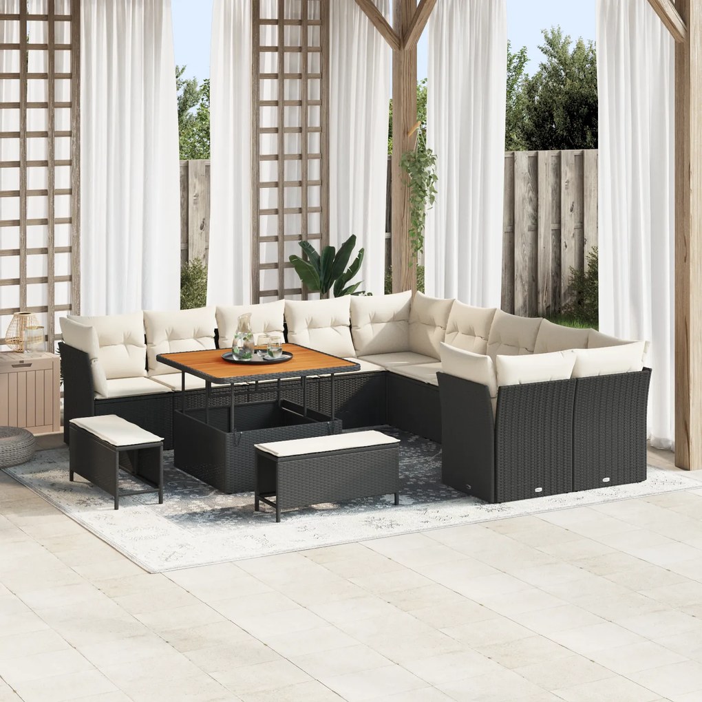 Conjunto de Sofás de Jardim vidaXL 13 Peças com Almofadas Preto Rattan
