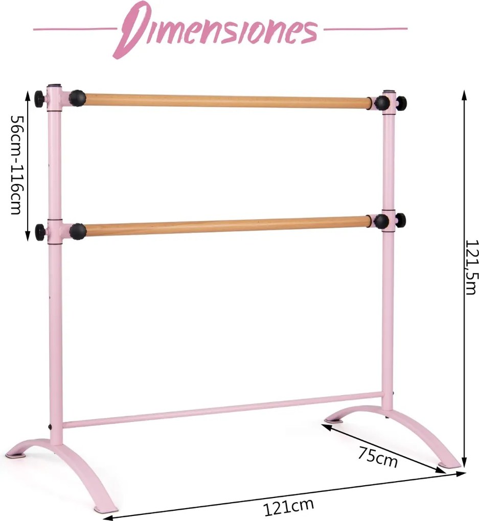 Barra de Ballet Portátil 120 cm Barra Dupla Independente Altura Ajustável 56/76/96/116 cm Barra de Fitness Adultos e Crianças Rosa