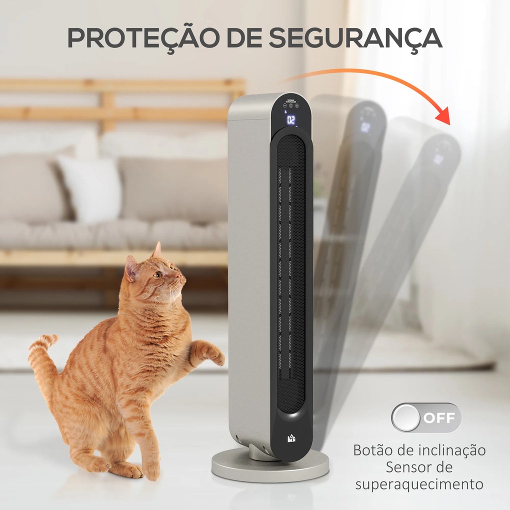 Aquecedor Cerâmico de Torre 1100/2200W com Controlo Remoto Ecrã LED Temporizador Termostato 3 Modos Ø25x73,5 cm Prata e Preto