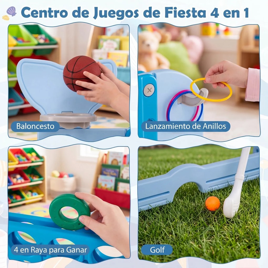 Jogo Infantil 4 em 1, 140 x 47 x 108 cm, Altura Regulável, Azul