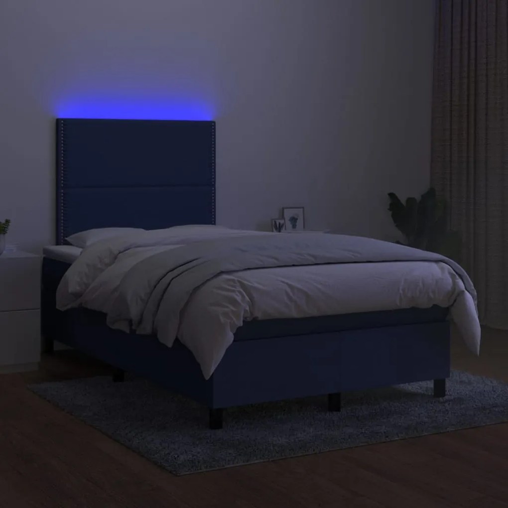 Cama box spring c/ colchão e LED 120x200 cm tecido azul