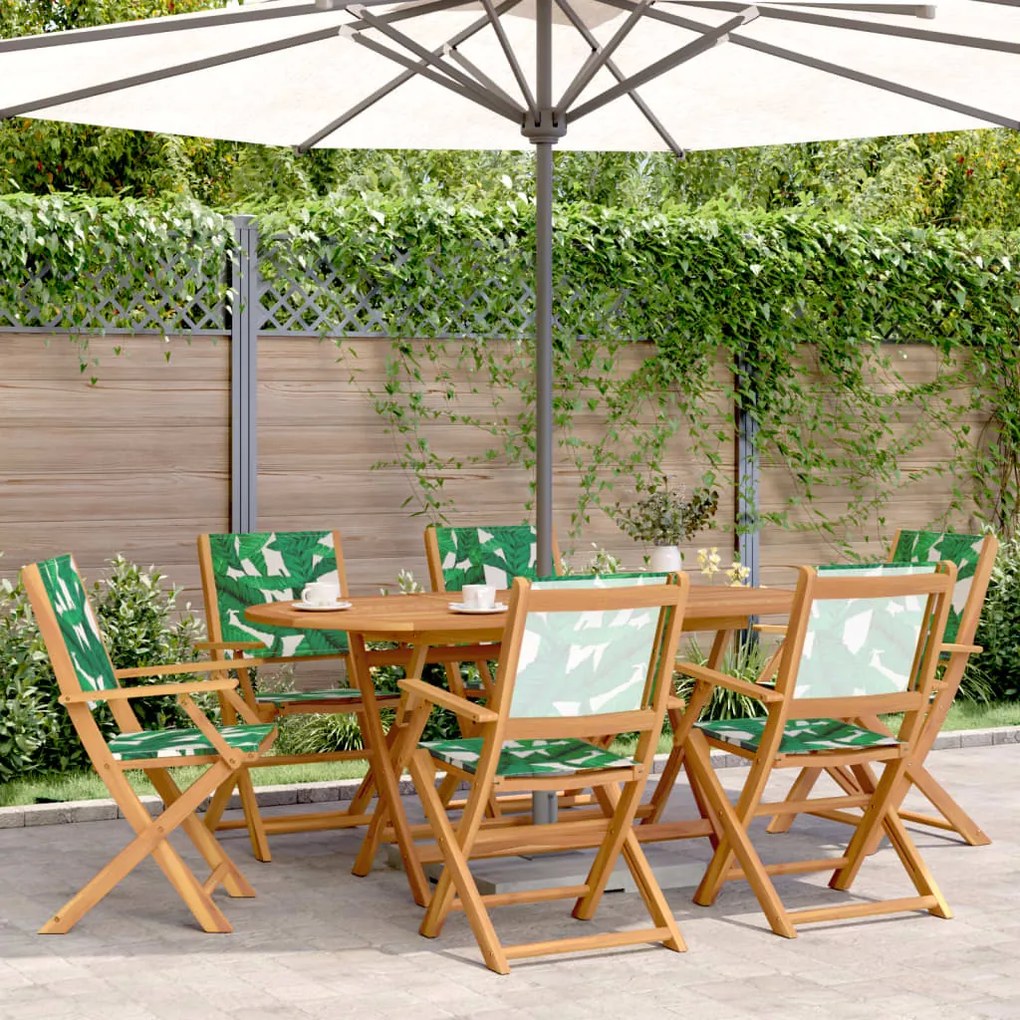 vidaXL 7pcs conj. jantar p/ jardim tecido/madeira maciça padrão folhas