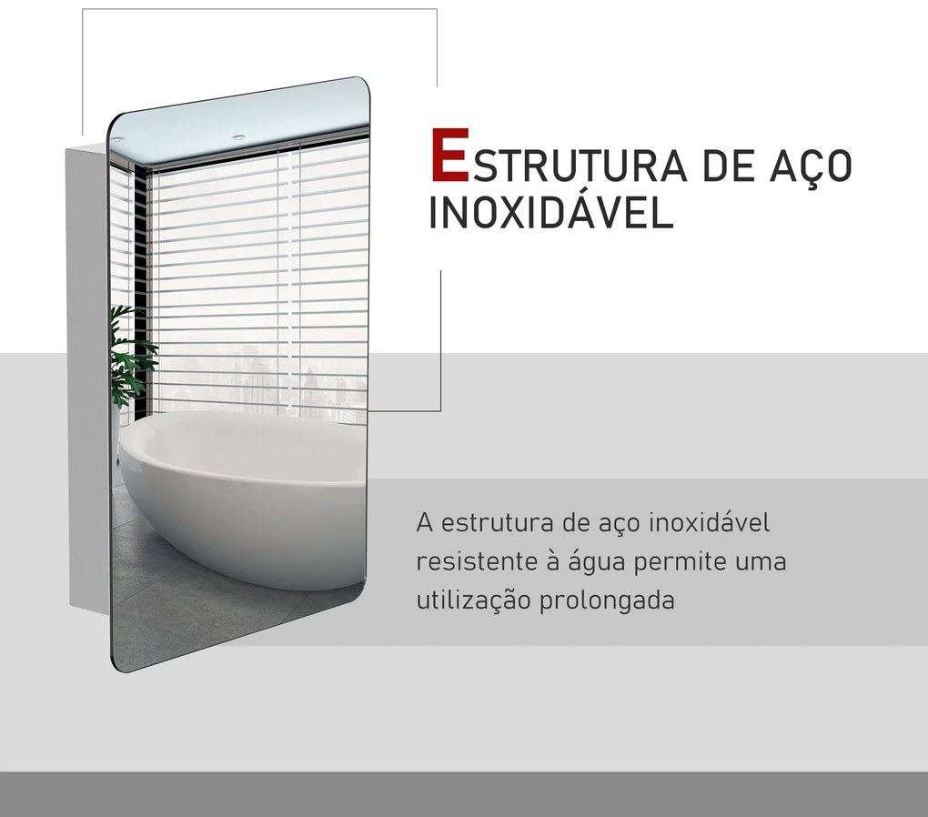 kleankin Armário de Casa de Banho com Espelho Móvel Auxiliar de Parede com Porta de Correr e 3 Prateleiras de Armazenamento para Sala de Estar Cozinha Dormitório 46x12x66cm Prata