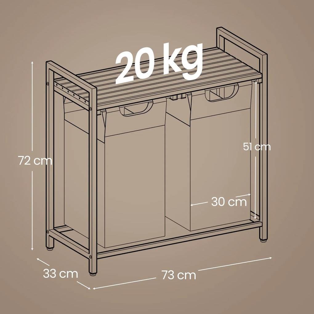 Cesto para roupa suja com 2 compartimentos e uma prateleira 73 x 33 x 72 cm castanho vintage + cinzento